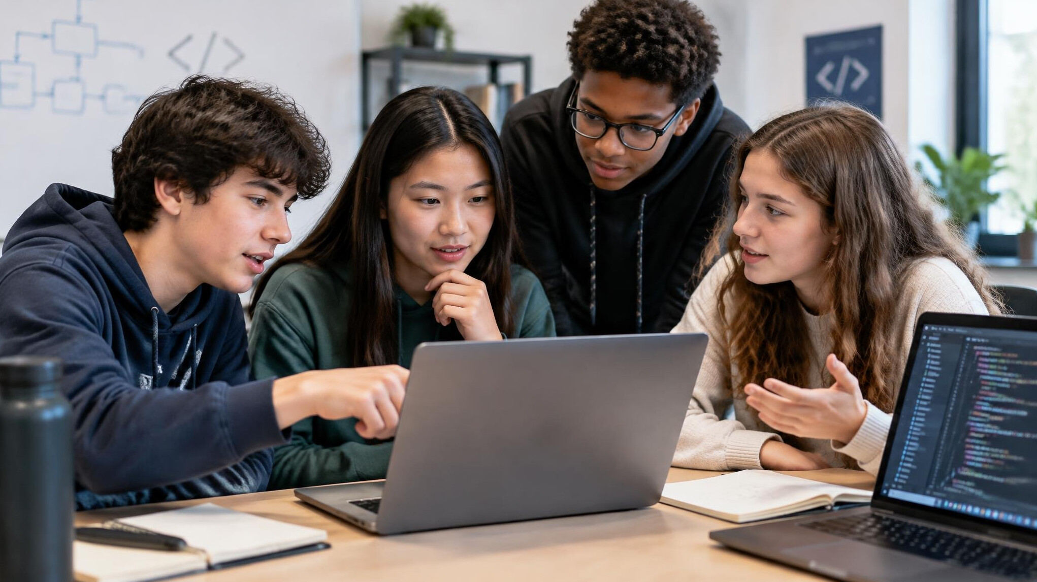 teenagers collaborating on code