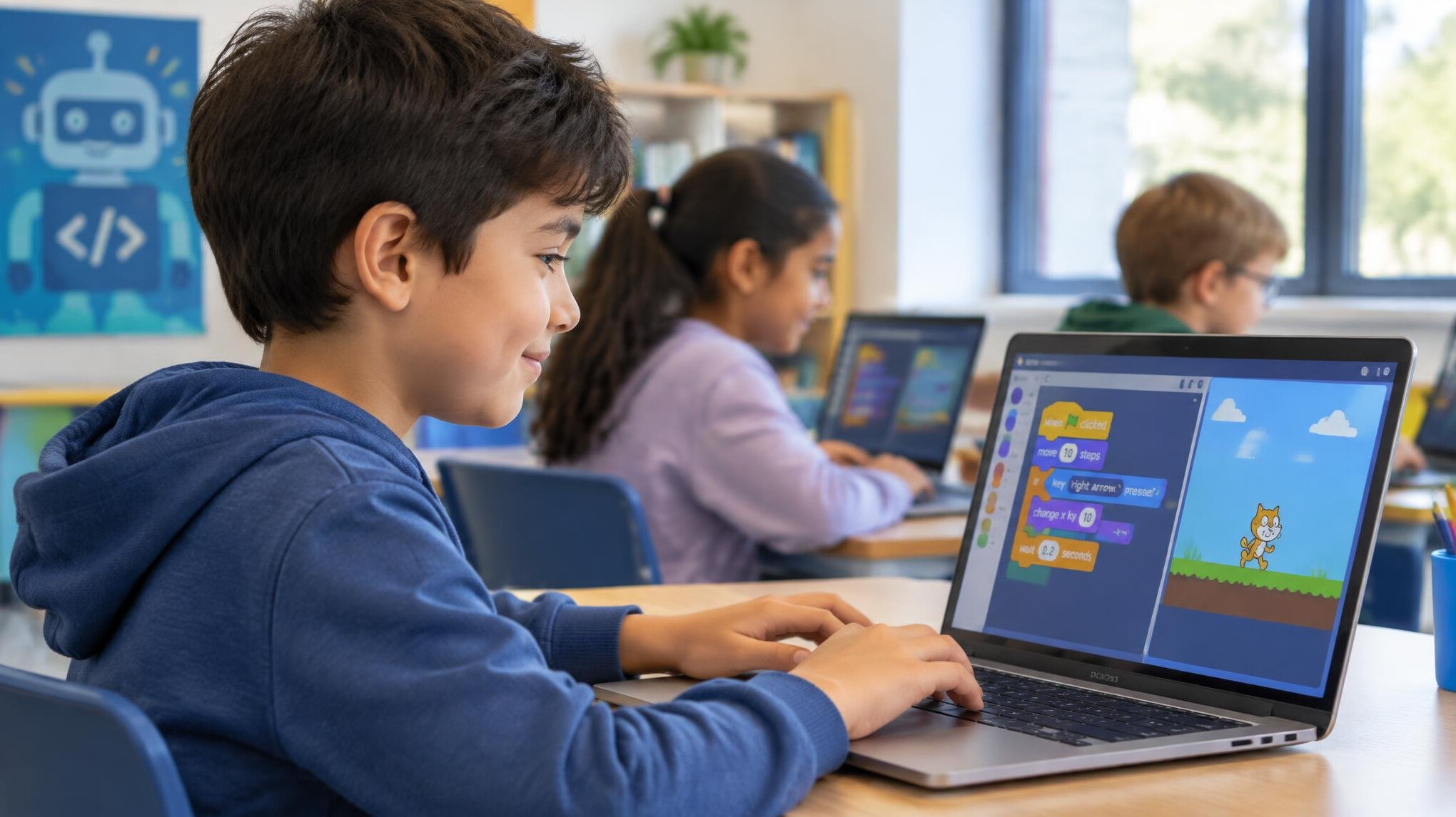 children learning to code on computer