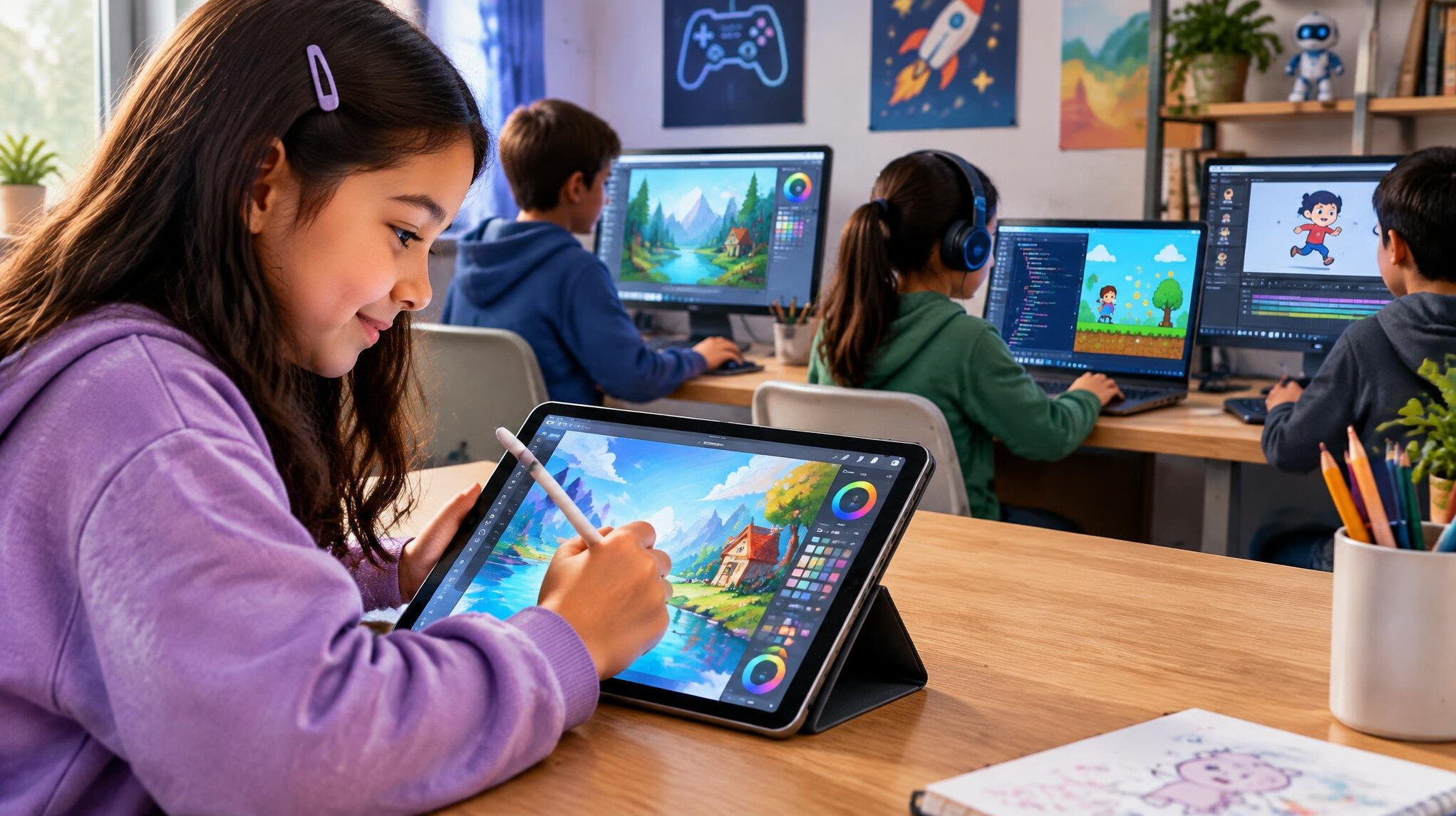 kids creating digital art on tablet
