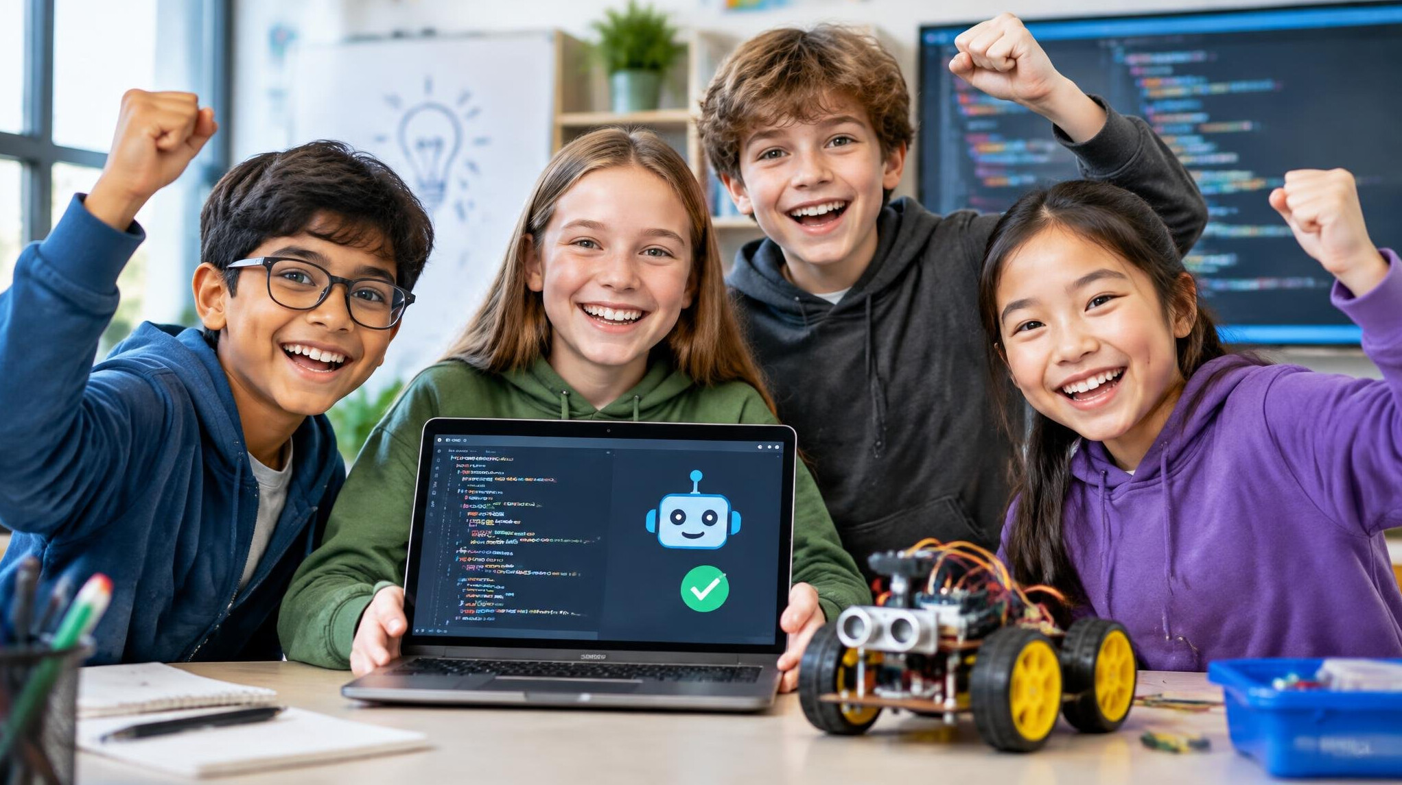 happy kids celebrating coding success