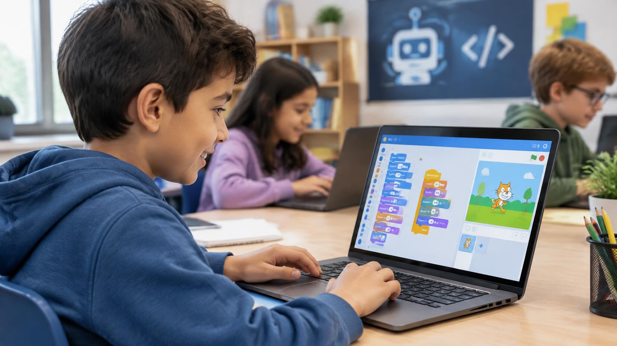 children learning to code on computer