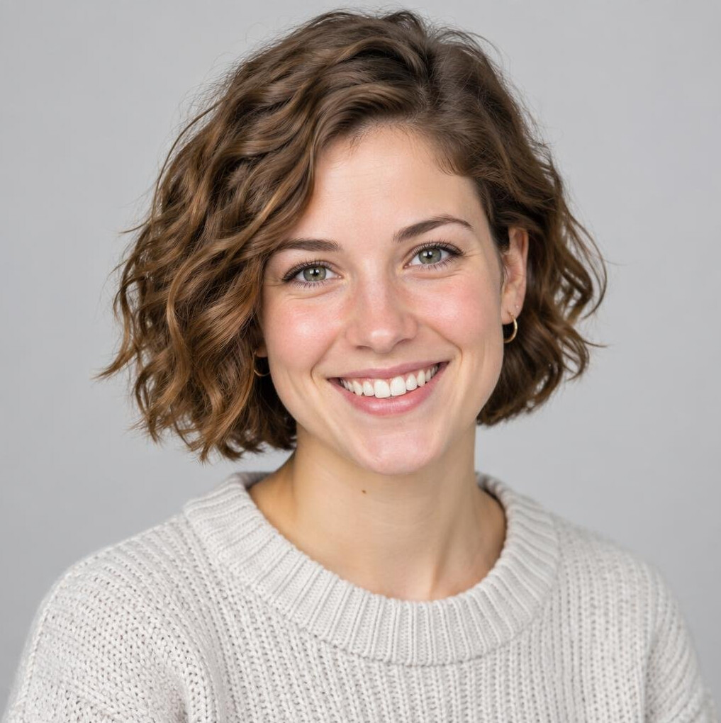 Studio portrait of a young Slovenian woman in her 20s with short hair smiling