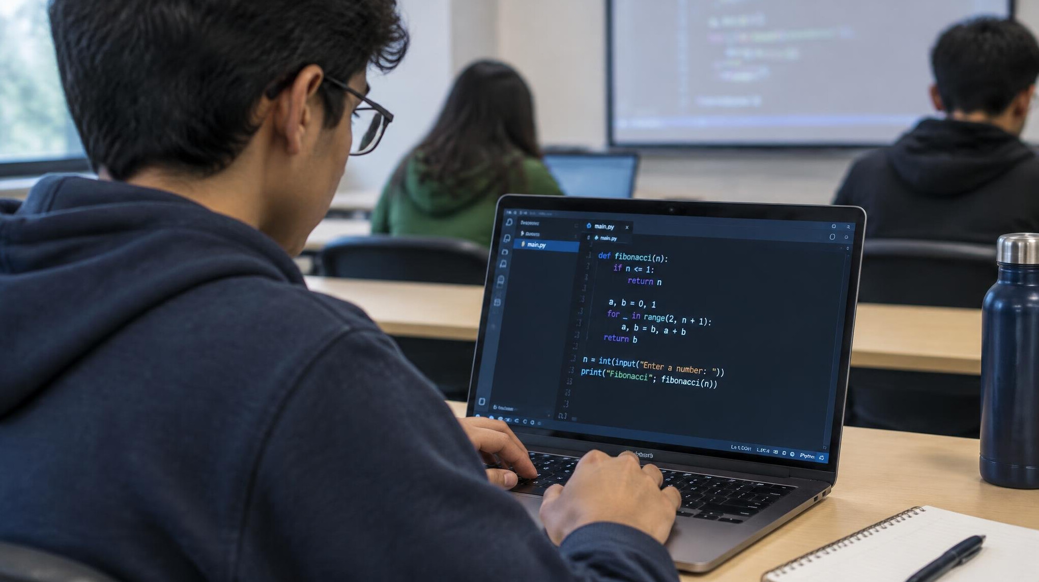 student coding on laptop