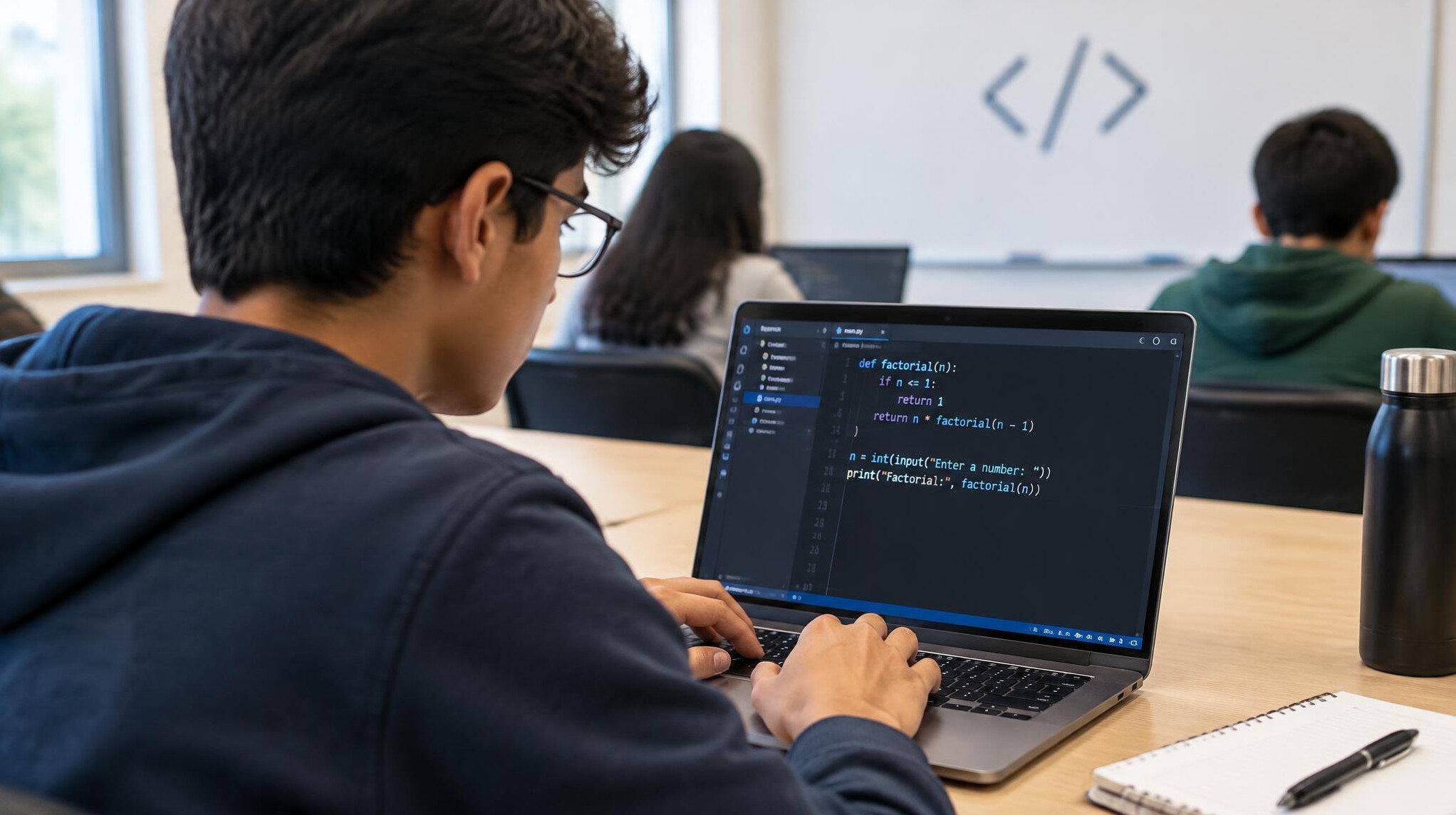 student coding on laptop